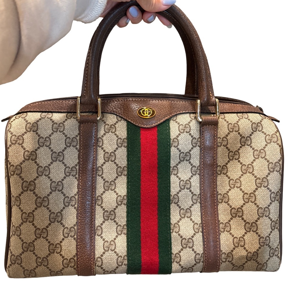Gucci Brown Leather & Green-Red Web Stripe Canvas Satchel
